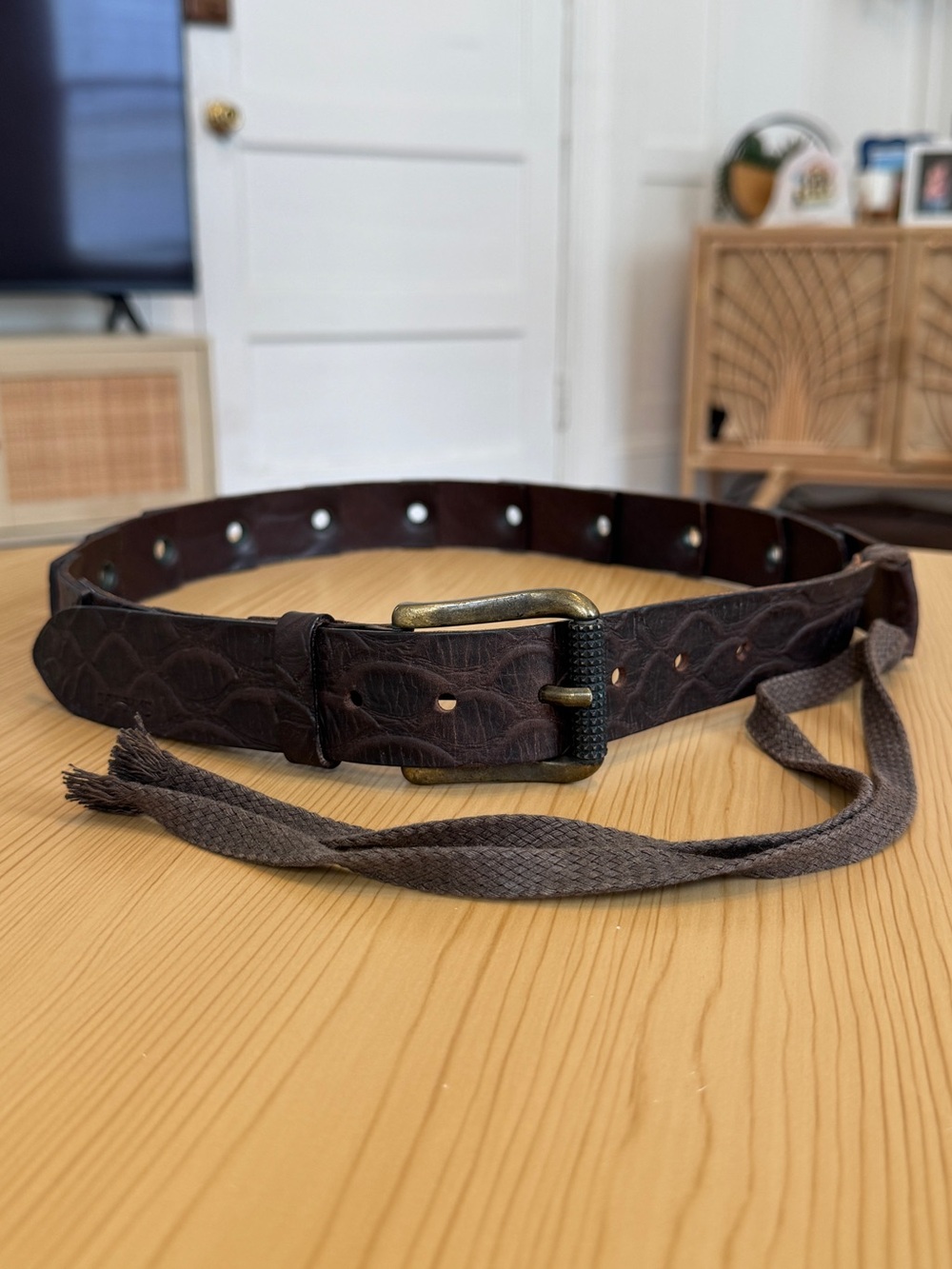Ikks I.K.K.S. Brown Leather Grommet Tie Belt Roller Buckle France 34" Boho Punk